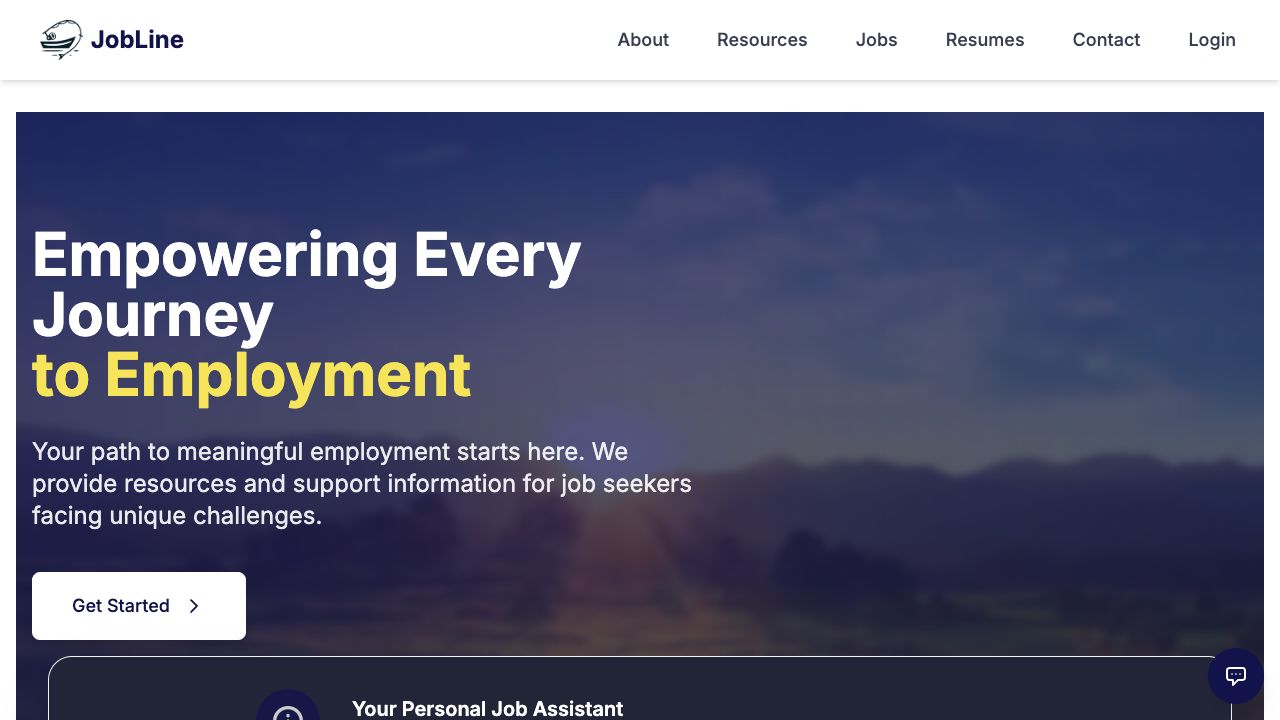 Jobline landing page: indigo hero reading 'Empowering Every Journey to Employment'