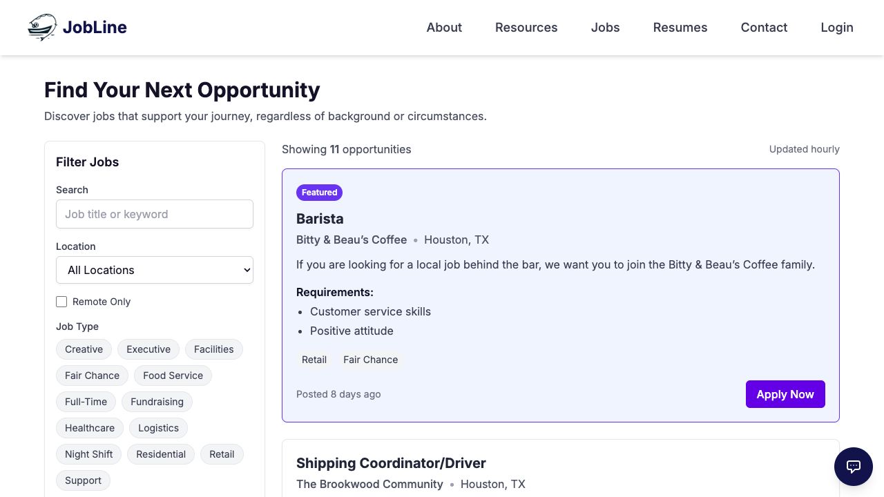 Jobs board with search, location and fair-chance filters, and listing cards