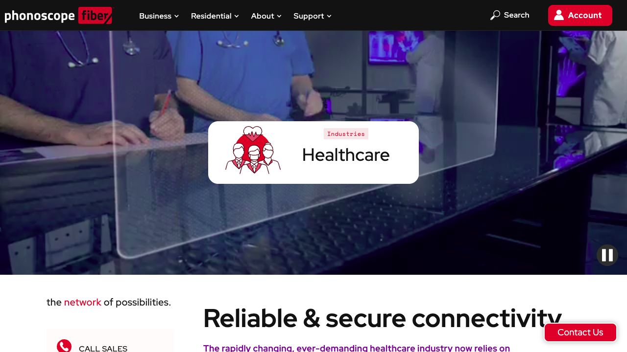 Healthcare industry page with a custom medical-team illustration over a video hero