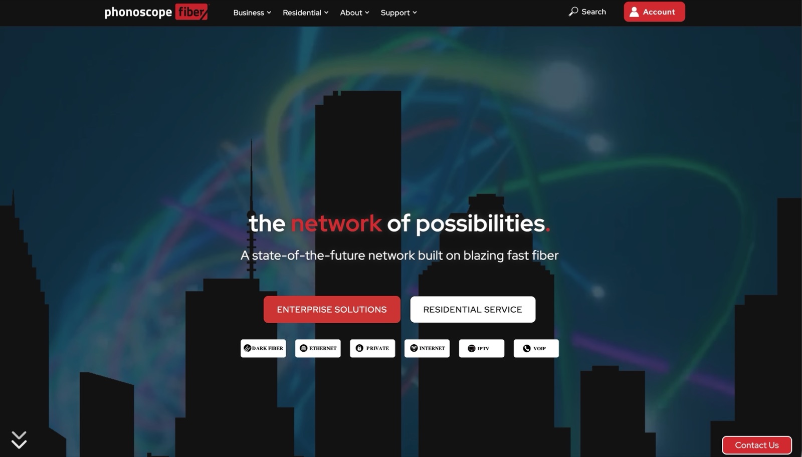 Phonoscope Fiber homepage: dark Houston skyline with fiber light trails and the headline 'the network of possibilities'
