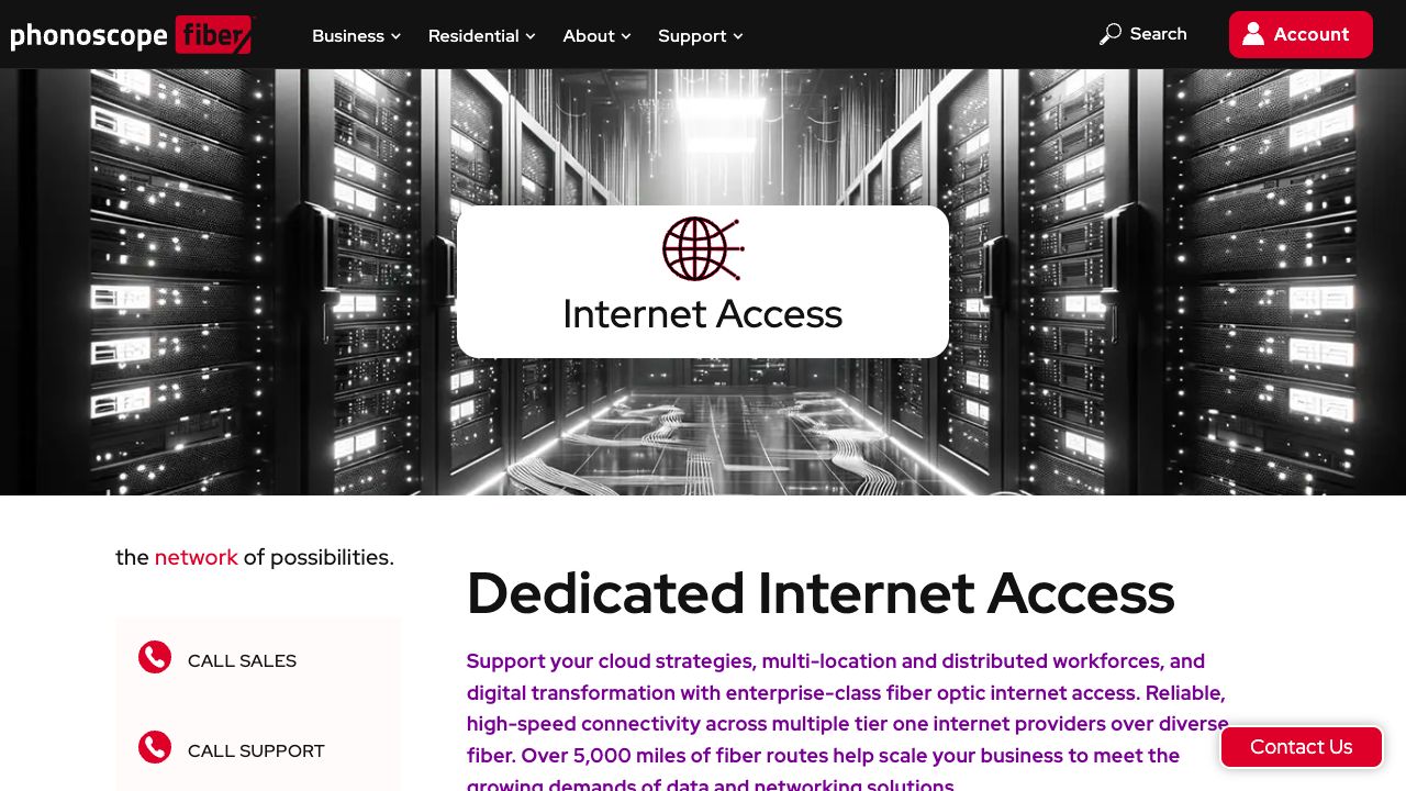 Dedicated Internet Access service page with a custom globe icon card over a server-room photo