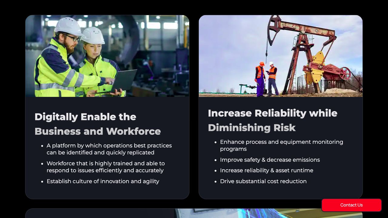 Content cards pairing field photography with operational benefits