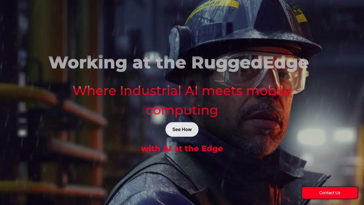 RuggedEdge homepage: industrial worker in a hard hat in the rain, headline 'Working at the RuggedEdge'