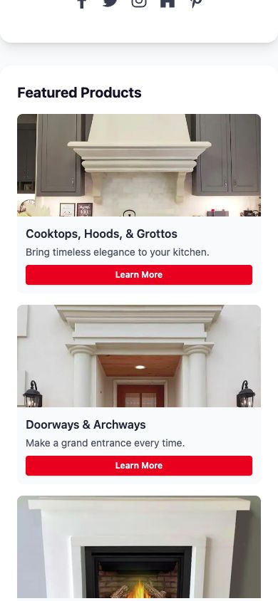 Featured products section of the card page showing Cast Fireplaces work