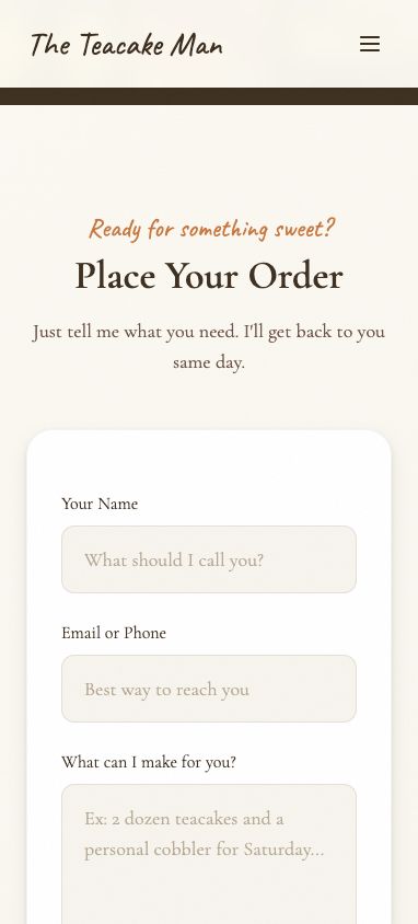 Order form on mobile: 'Ready for something sweet? Place Your Order'